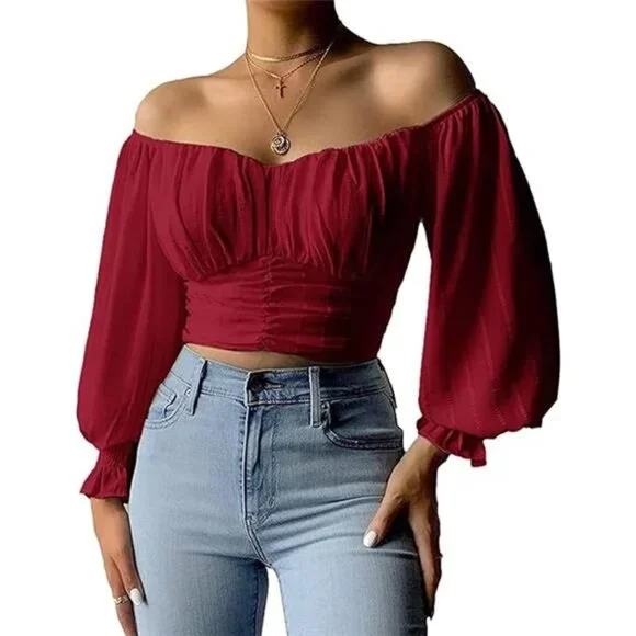 Women's Off Shoulder Puff Sleeve Chiffon Crop Top